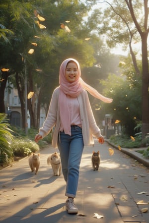 Close-up shot of a hijabi girl's joyful face, her long scarf gently blown by the wind as she plays carefree in the park. Leaves scatter around her, dancing in the breeze. In the background, curious cats saunter through the foliage, adding to the whimsical atmosphere.