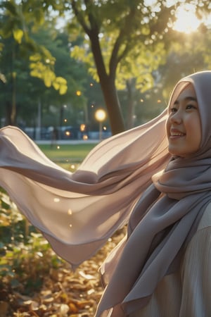 Close-up shot of a young hijabi woman's face at a serene park, the wind gently blowing her long scarf as it dances in the air. Her eyes sparkle with joy as she engages in carefree activities, like twirling or laughing, amidst a backdrop of rustling fallen leaves. Soft natural light illuminates her features.