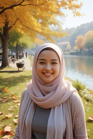 A warm autumn afternoon at the park near a serene lake. A hijab-clad girl's face fills the frame, her bright smile and closed eyes conveying pure joy. Her long scarf flows freely in the gentle wind, its soft folds rustling as she laughs and plays. Leaves of vibrant orange and yellow drift lazily to the ground around her, mingling with the scent of outdoor cooking wafting from a nearby grill.