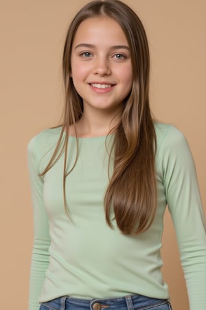 A close-up shot of a young teenage girl in high school with long brown hair and blue eyes. She is wearing a light green long-sleeved t-shirt and blue jeans. Her hair is pulled back and cascades over her shoulders. Her eyes are a piercing blue and her lips are a lighter shade of pink. Her teeth are white and she is smiling. The backdrop is a light beige color.,detailed skin pore style,detailed photorealism style