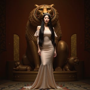 A majestic Korean goddess stands majestically in a grand hall of goddesses, bathed in soft dim lighting. She wears an off-shoulder compression dress made of sparkling diamonds, accentuating her slender physique. A colossal statue of a large tiger on the backdrop creates an awe-inspiring ambiance. With professional poise, she strikes a pose, her long black hair cascading down her back like a waterfall, no bangs framing her striking features. A small diamond crown adorns her forehead, complemented by luscious cherry lips and porcelain pale skin. Her Asian beauty shines through her round big eyes, emphasized by long eyelashes, and high nose, exuding an air of elegance.