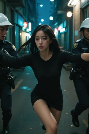 Generate a hyper-realistic photographic image of a Korean female thief being dragged away by the police. The scene should take place in a dimly lit, gritty urban alleyway at night, with tall buildings looming in the background. The atmosphere should be tense and ominous, with an air of foreboding.

Composition:
- Place the subject, a stunning Korean woman with pale porcelain skin, smooth facial features, and long straight black hair, against the right-hand wall of the alleyway.
- Position her at an angle to create a sense of movement and tension, with her arms stretched out to her sides as she is dragged by two burly police officers.
- The left officer should be grasping her arm firmly but not too tightly, while the right officer holds her shoulder with his other hand.
- In the foreground, place a few scattered trash cans and discarded newspaper clippings to add texture and context to the scene.

Style:
- Incorporate a moody and gritty aesthetic into the image by using muted blues and greys for the alleyway walls and the police uniforms.
- The woman's black hair should be styled in loose waves, framing her heart-shaped face with elegance.
- Her bright brown eyes should be cast downward, looking up at the officers with a mixture of fear and defiance.
- Emphasize the textures of the clothing, particularly the tight-fitting black dress she is wearing, which accentuates her slender figure.

Mood:
- Capture the anxiety and panic in the woman's body language, conveying her desperation to break free from the officers' grasp.
- Suggest a sense of urgency with the blurred motion of the police officers pulling her away, leaving behind echoes of their footsteps on the wet pavement.
- Infuse the scene with an atmosphere of foreboding, hinting at the consequences that lie ahead for this young thief.

Colors:
- The dominant colors should be dark blues and greys, with accents of cold white to represent the police uniforms and the faint glow of streetlights in the distance.
- Use warm golden tones to highlight the subject's skin, particularly her cheekbones and chin, adding a touch of vulnerability to her features.
- The background alleyway walls should have a weathered, industrial feel, with faded graffiti and rusty metal railings.

Lighting:
- Utilize dramatic shadows to create depth in the image, emphasizing the contrast between the dark alleyway and the woman's pale skin.
- Position the streetlights above the subject at an angle, casting long shadows across her face and creating an eerie ambiance.
- Avoid harsh or overly bright lighting that might detract from the overall mood of tension.

Shadows:
- Emphasize the shadows on the walls to create a sense of foreboding and unease in the viewer's mind.
- The woman's hair should cast long, dark shadows across her face, accentuating her features and adding to her mysterious persona.
- Use subtle shading techniques to hint at the physical strain on the subject as she is dragged away.

Theme:
- Explore the themes of beauty and danger, highlighting the contradictions in the subject's life as a thief and a stunning individual.
- Suggest that even those who present themselves as beautiful or alluring may be hiding secrets and vulnerabilities beneath the surface.
- Convey the sense of injustice and vulnerability in the subject's plight, emphasizing her humanity amidst the gritty urban landscape.,hubggirl