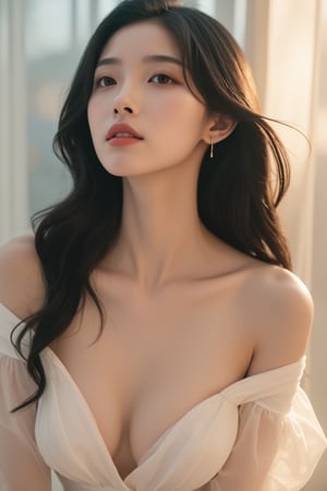 Generate a hyper-realistic photographic image of a stunning Korean woman, embodying the essence of a goddess. The subject is posed in a captivating manner, exuding elegance and sophistication.

Composition:
The model's face should be centered, with her gaze directed slightly upwards, conveying a sense of serenity and inner peace. Her head is tilted slightly to one side, allowing for a subtle showcase of her facial features. The background is blurred, creating a shallow depth-of-field effect that draws the viewer's attention to the subject.

Style:
The image should be captured in a contemporary, minimalist style, with clean lines, simple shapes, and an emphasis on negative space. The aesthetic is reminiscent of Korean fashion magazines, blending traditional beauty standards with modern sensibilities.

Mood:
The atmosphere of the image is one of ethereal calmness, as if the subject has stepped out of a serene landscape. The mood is tranquil, yet alluring, inviting the viewer to step into the subject's enchanting world.

Atmosphere:
A soft, diffused light filters through the scene, casting a warm glow on the subject's face and skin. The lighting is subtle, accentuating the model's features without overpowering them. A hint of mist or haze can be seen in the background, adding to the mystical ambiance.

Colors:
The color palette is predominantly neutral, with shades of soft peach, ivory, and creamy white dominating the scene. Accents of pale pink and lavender are subtly introduced through the subject's makeup and wardrobe, adding a touch of whimsy and romance. The black hair frames the subject's face, providing a striking contrast to her pale skin.

Lighting:
The lighting is carefully crafted to highlight the subject's features. A soft, natural light source, such as an overcast sky or a warm sunbeam, casts gentle shadows on the model's face and body. The off-shoulder neckline creates a sense of depth, drawing the viewer's eye downwards towards the subject's décolletage.

Shadows:
Delicate, feathery shadows dance across the subject's skin, accentuating the contours of her face and body. The shadows are subtle, adding to the overall sense of serenity and calmness.

Theme:
The theme of the image is one of serene beauty, inviting the viewer to step into a world of elegance and refinement. The subject embodies the traditional Korean ideal of beauty, blending timeless beauty standards with modern sensibilities. The image exudes confidence, poise, and inner peace, making it a stunning representation of contemporary Korean femininity.

Hair:
The model's black hair is styled in long, straight locks that cascade down her back like a waterfall of night. The hair is smooth and silky, with subtle waves and ripples that catch the light.

Clothing:
The subject wears a fitted, form-fitting dress that accentuates her midriff and showcases her curves. The off-shoulder neckline adds a touch of drama and flair, drawing attention to the subject's face and décolletage.,hubggirl