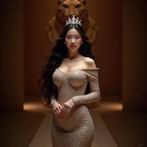 A majestic Korean goddess stands majestically in a grand hall of goddesses, bathed in soft dim lighting. She wears an off-shoulder compression dress made of sparkling diamonds, accentuating her slender physique. A colossal statue of a large tiger on the backdrop creates an awe-inspiring ambiance. With professional poise, she strikes a pose, her long black hair cascading down her back like a waterfall, no bangs framing her striking features. A small diamond crown adorns her forehead, complemented by luscious cherry lips and porcelain pale skin. Her Asian beauty shines through her round big eyes, emphasized by long eyelashes, and high nose, exuding an air of elegance.