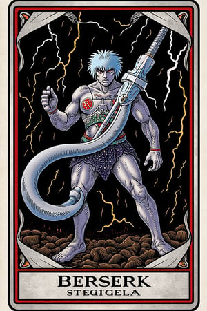 A detailed trading card featuring Guts from Berserk, titled The Struggler. Guts is depicted mid-battle, wielding his iconic large Dragon Slayer sword with both hands, muscles tensed and eyes fierce. The background is a dark, stormy battlefield with lightning illuminating the scene. The card design is intricate, with metallic borders and a holographic effect, capturing the intensity and grit of Guts' struggle.