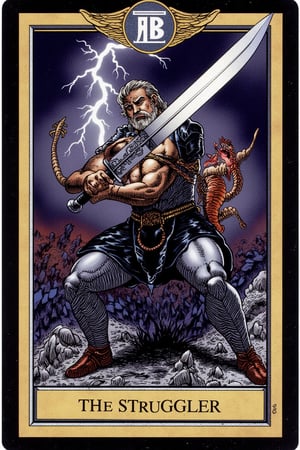 A detailed trading card featuring Guts from Berserk, titled The Struggler. Guts is depicted mid-battle, wielding his iconic large Dragon Slayer sword with both hands, muscles tensed and eyes fierce. The background is a dark, stormy battlefield with lightning illuminating the scene. The card design is intricate, with metallic borders and a holographic effect, capturing the intensity and grit of Guts' struggle.