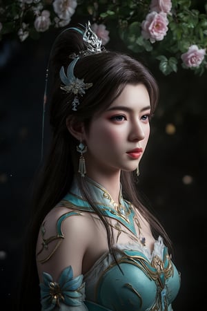 A majestic ancient oriental beauty poses amidst a serene palace setting. The subject's delicate face with exquisite facial features and makeup is framed by a stunning bun, adorned in gorgeous clothes and accessories that exude fairy-like elegance. Peonies and delicate brushwork create a whimsical atmosphere, while water ripples and dark magic hints at mystique. Rotating airflow and advanced light techniques enhance the subject's self-illumination, set against a museum-quality black background with luminous particles. The composition is masterfully balanced, featuring high-definition details, strong contrast, and a sense of story.,REALSKIN,Xguxuner,SHORT