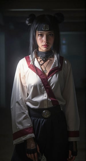 Tenten stands confidently lit by a flashlight, her dark hair styled in twin buns framing her determined expression and bright brown eyes. A stunning white blouse with maroon edges adorns her physique, its high collar and long sleeves accentuating her ninja form. Black fingerless gloves cover her hands, adorned with intricate fishnet patterns that shimmer under the soft light. Her hakama-styled pants puff out around her ankles, a testament to her exceptional agility as a shinobi. Tenten has a ю bandana on his forehead with a metal badge on which is the symbol of the village of the hidden leaf Konoha from the anime Naruto. At her side, she holds a kunai, its metallic surface reflecting the subtle lighting of the scene. The overall aesthetic is sleek and sophisticated, as if Tenten is about to embark on a high- stakes mission. Midjourney style,FLASH