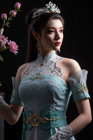 A majestic ancient oriental beauty poses amidst a serene palace setting. The subject's delicate face with exquisite facial features and makeup is framed by a stunning bun, adorned in gorgeous clothes and accessories that exude fairy-like elegance. Peonies and delicate brushwork create a whimsical atmosphere, while water ripples and dark magic hints at mystique. Rotating airflow and advanced light techniques enhance the subject's self-illumination, set against a museum-quality black background with luminous particles. The composition is masterfully balanced, featuring high-definition details, strong contrast, and a sense of story.,REALSKIN,Xguxuner,SHORT,photo,Xxiaoxuner