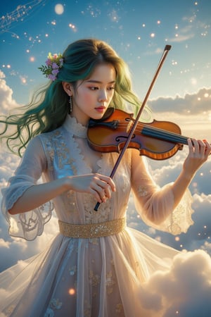 A dreamy, fantasy-like scene of a young woman playing a violin amidst floating clouds. She wears a flowing, iridescent kebaya adorned with intricate lace and soft golden embroidery, shimmering as if woven from stardust. Her hair is styled in vintage curls, with shades of deep green, adorned with delicate flowers that accentuate the ethereal vibe. The background is a surreal fusion of music notes and glowing constellations, blending into a soft pastel sky. The scene captures an ethereal glow, with hues of gold, lavender, blue, and hints of emerald swirling around her, creating a magical, otherworldly ambiance