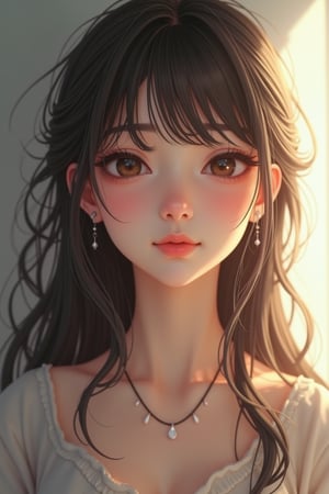 Beautiful, soft light, (beautiful and delicate eyes), very detailed, pale skin, big smile, (long hair), dreamy, medium chest, female 1, ((front shot)), bangs, soft expression, height 170, elegant , Bright smile, 8k art photo, photorealistic concept art, realistic, person, small necklace, small earrings, fantasy, jewelry, shyness, dreamy soft image, masterpiece, ultra high resolution, skirt, shirt, jacket, color , (both eyes (winds gently), (raises head slightly and looks immersed in happy thoughts),colorful