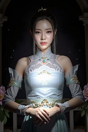 A majestic ancient oriental beauty lit by flashlight poses amidst a serene palace setting. The subject's delicate face with exquisite facial features and makeup is framed by a stunning bun, adorned in gorgeous clothes and accessories that exude fairy-like elegance. Peonies and delicate brushwork create a whimsical atmosphere, while water ripples and dark magic hints at mystique. Rotating airflow and advanced light techniques enhance the subject's self-illumination, set against a museum-quality black background with luminous particles. The composition is masterfully balanced, featuring high-definition details, strong contrast, and a sense of story.,Xguxuner,Xxiaoxuner,FLASH,REALSKIN