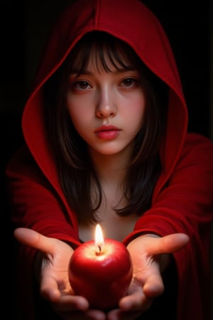 Image is a stylized portrait featuring a sexy woman with fair skin and dark hair lit by flashlight, wearing a vibrant red hooded cloak reminiscent of a fairy tale character. She is centered in the frame, holding a shiny red candle with both hands extended towards the viewer, creating a sense of depth. The background is blurred, focusing attention on the subject and the apple. Her facial features are soft, with a slightly blurred focus, adding to the mysterious and enchanting atmosphere. The lighting is dim, enhancing the dramatic and moody tone of the image,hubg_beauty_face,FLASH