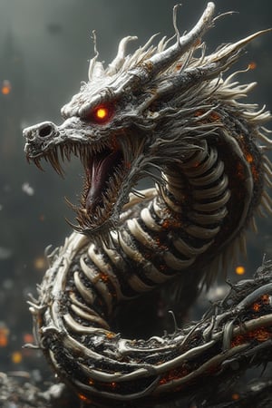 A horror skeleton dragon ,Phong shading, Gouraud shading, and Blinn-Phong shading, mirror reflections shading,Hyper detailed, Intricate details, intricate Sharp focus detailing, Ambient occlusion, Cycles 4D render, Octane render, V-Ray render, 4d Cry engine 7 (for real-time rendering), Unreal Engine 5.5 (optimized with backgrounds textures), 124k ultra HD resolution 