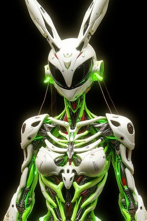 cyberpunk mix cybernetics cyborg  white neon-green mate armor, evangelion mask long sharp rabbit ears, wearing xenoblade armoured style, neon green fiberglass cables inner intricate render details, emblem decayed text 'Jeng-Lord', polycarbonate textured, iconic potraiture , polycarbonate effects, inspired by JengLord,  in the style of skin realism, hyper realism, precision in details,  black studio  background