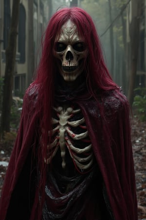 A Horror witch, long burgundy haired, wearing cloak made from ceramic.