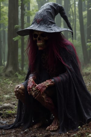 A Horror witch sitting on a witch 🧹, wearing witch hat, long burgundy haired, wearing cloak made from ceramic.