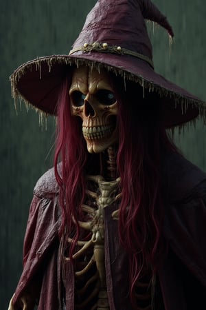 A Horror witch, wearing witch hat, long burgundy haired, wearing cloak made from ceramic.