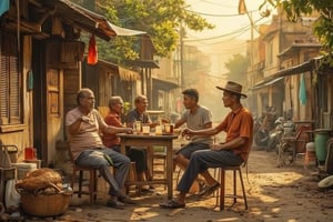 A nostalgic scene unfolding in a Malay village in the 1960s. A group of men, wear uncollar tshirt and jeans, no hat, gather around a wooden table at a rustic roadside stall (warong), sipping glasses of coffe on a scorching afternoon (petang). The warm sunlight casts a golden glow, illuminating the setting. The composition focuses on the group's camaraderie as they share stories and laughter, surrounded by lush greenery and the sounds of nature.,terpaling