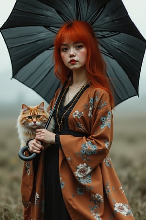 A girl in Japanese style clothing with fiery red hair holding a black umbrella with a mysterious persian cat beside her. The whole picture is full of fantasy and surreal elements, with some mysterious or weird atmosphere