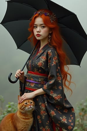 A girl in Japanese style clothing with fiery red hair holding a black umbrella with a mysterious persian cat beside her. The whole picture is full of fantasy and surreal elements, with some mysterious or weird atmosphere