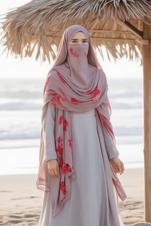 A stylish Muslimah named isabella, wearing a beautifully designed niqab with red printed hijab and minimalist flowers , covering her niqab nose and mouth, stand up on a umbrella at the beach. The scene is framed with the ocean waves gently rolling in the background, creating a soft, warm lighting. Isabella's posture is composed and serene, her gaze thoughtful. The background features a serene beach with a umbrella, enhancing the peaceful and tropical atmosphere.