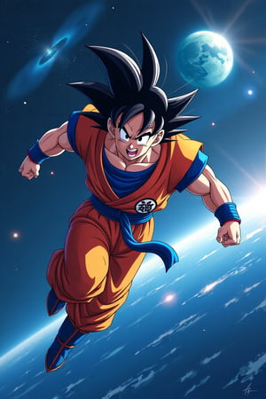 High-resolution digital illustration of Goku in a dynamic flying pose, wearing his iconic orange and blue gi, set against the vast expanse of the space universe. The background features distant galaxies, swirling nebulae, and a glowing Earth in the distance. Goku's hair is spiked and glowing with energy, his expression focused and determined. The scene is illuminated by the cosmic light, creating a sense of awe and adventure. The composition captures the vastness of space, with Goku's figure small yet powerful, emphasizing his journey through the cosmos.