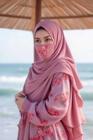 A stylish Muslimah named isabella, wearing a beautifully designed niqab with red rose printed hijab and minimalist flowers pink rose, covering her niqab nose and mouth, stand up on a umbrella at the beach. The scene is framed with the ocean waves gently rolling in the background, creating a soft, warm lighting. Isabella's posture is composed and serene, her gaze thoughtful. The background features a serene beach with a umbrella, enhancing the peaceful and tropical atmosphere