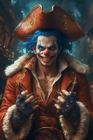 (Best quality), (Intricate fantastic details), Create a Hyper realistic photo of Buggy from 'One Piece,' portrayed by Jeff Ward. Pale skin, (red clown nose), wild blue hair in pigtails, and blue face paint. He wears a pirate captain's outfit with an orange and white striped shirt, a fur-lined coat, and a large pirate hat with a skull symbol. In each hand, Buggy (wears gloves with knives protruding from between his fingers). Capture his chaotic energy in various poses and angles. Scenes include a pirate ship deck, a stormy ocean, and a dark carnival. Focus on intense expressions, knife-wielding gloves, and playful menace., UHD 8k, perfect HDR, Cinematic Lighting