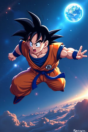 High-resolution digital illustration of Goku in a dynamic flying pose, wearing his iconic orange and blue gi, set against the vast expanse of the space universe. The background features distant galaxies, swirling nebulae, and a glowing Earth in the distance. Goku's hair is spiked and glowing with energy, his expression focused and determined. The scene is illuminated by the cosmic light, creating a sense of awe and adventure. The composition captures the vastness of space, with Goku's figure small yet powerful, emphasizing his journey through the cosmos.