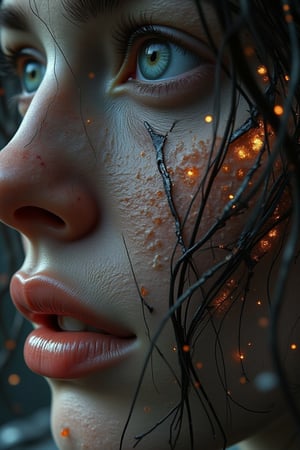 An extreme close-up, digital illustration of a 3/4 view portrait of a woman looking up, with striking blue eyes and soft, natural pink lips. Her skin is cracked and fragmented, with glowing molten-orange light seeping from the cracks, resembling molten lava. The glow highlights the contours of her face in a dramatic, ethereal way. The moody background is dark and shadowy, contrasting the vibrant light, giving the scene a mysterious, intense atmosphere. Focus on the intricate textures of her skin and the vibrant glow emanating from the cracks, with special attention to the eyes and lips,Midjourneyart 