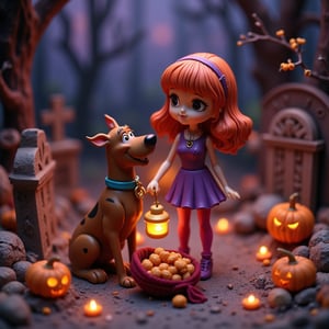 A beautiful over the top view at of two cute high quality and highly detailed figurines of Scooby Doo and Daphne Blake wearing her classic purple dress, pink pantyhose and light purple high heels, red hair and light purple headband. They are together in an old cemetery, tombstones and curious eerie pumpkins, little ghosts glowing in the dark forestial background with old trees and branches on the ground. little human skulls and oranges tiny candles around the tombstones. Eerie glowing pumpkins scattered around the cemetary. Daphne is holding a cute tiny old style oil lantern. Scooby Doo has a little open velvet red fabric bag full of candies in front of him on the ground.