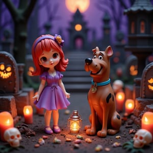 A beautiful over the top view at of two cute high quality and highly detailed figurines of Scooby Doo and Daphne Blake wearing her classic purple dress, pink pantyhose and light purple high heels, red hair and light purple headband. They are together in an eerie graveyard with tombstones and glowing pumpkins, cute little ghosts, little creepy candle style human skulls and oranges tiny candles around the tombstones. Daphne is holding a cute tiny old style oil lantern. Scooby Doo has a little bag of candies in front of him on the ground. The background shows a dark forestial eerie pathway with little skeletons figures and the moon beaming in the horizon.