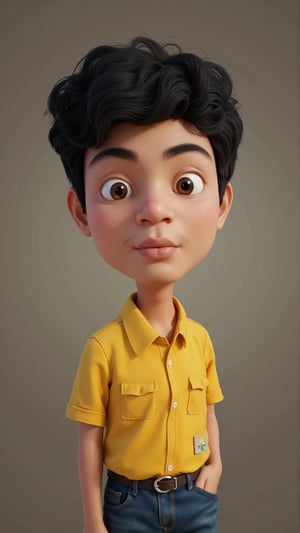 a shantorus male with black hair and yellow shirt, in the style of rendered in cinema4d, charming characters, i can't believe how beautiful this is, rudolph belarski, blink-and-you-miss-it detail, dramatic shading, cartoonish caricatures, full body