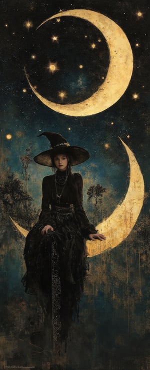 (masterpiece, top quality, best quality, official art, beautiful and aesthetic:1.2), (1girl:1.4), extreme detailed, a witch sitting on a crescent moon through a starry night, captured in the detailed gouache style of Hieronymous Bosch and Klimt,art_booster