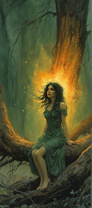 Color ink painting in Moebius comic book style,  style by Arthur Rackham and Brian Froud, intricate, detailed.
Beautiful figure, female, dark green hair, glowing golden eyes. Her face is hidden by some shadow of the trees. her lower body is coiled by huge roots, and the lower half of her body is burning in fire.
(She looks toward the camera, and grasps her hands toward the audience with a tearing face as if asking for help.) (only the upper body)(Giant Tree's Root Whirlpool)
Telephoto lens. Dramatic Tension. Perfect composition, masterpiece, depressing atmosphere. Her hand grasped forward. Surrounded by starlight fireflies. Use more rich colors. 
