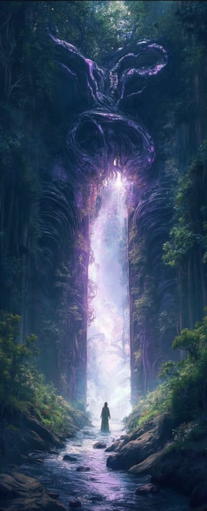 (Digital Artwork:1.3) of (Sketched:1.1) octane render of a mysterious dense forest with a large (magical:1.2) gate (portal:1.3) to the eternal kingdom, blade runner, intricate (vine:1.2), massive tree in liquid metal, realistic digital painting portrait, shot at 8k resolution, petrol liquid, pastel color, splash art, blue and purple magic universe, light engrave in intricate details, (light particle:1.2), (game concept:1.3), (depth of field:1.3), global illumination,Highly Detailed,Trending on ArtStation