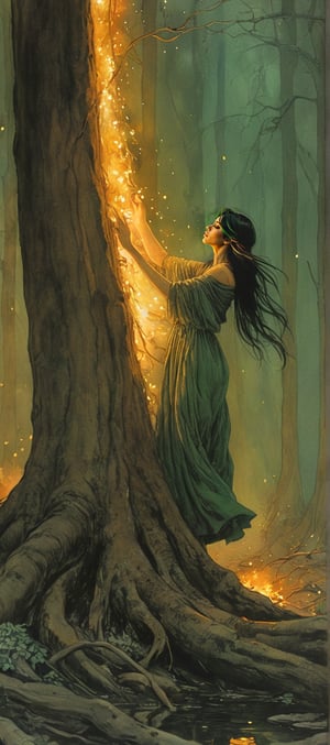 Color ink painting in Moebius comic book style,  style by Arthur Rackham and Brian Froud, intricate, detailed.
Beautiful figure, female, dark green hair, glowing golden eyes. Her face is hidden by some shadow of the trees. her lower body is coiled by huge roots, and the lower half of her body is burning in fire.
(She looks toward the camera, and grasps her hands toward the audience with a tearing face as if asking for help.) (only the upper body)(Giant Tree's Root Whirlpool)
Telephoto lens. Dramatic Tension. Perfect composition, masterpiece, depressing atmosphere. Her hand grasped forward. Surrounded by starlight fireflies. Use more rich colors. 
