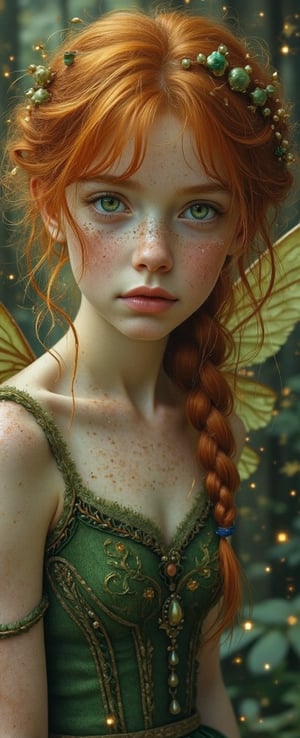 score_9, score_8_up, score_7_up, 
detailed face and eyes, fairy with wings, ginger hair, messy hair, dress, fireflies, forest, green eyes, (freckles:0.8)