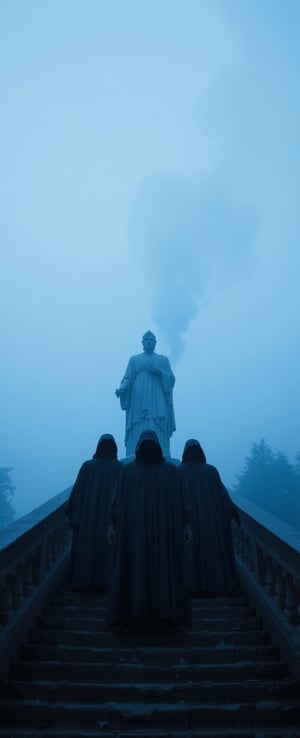 ArsMovieStill, 80s Fantasy Movie Still, The image shows three figures standing on a set of stairs in a foggy landscape. The figures are all wearing long dark robes and hooded cloaks covering their heads and shoulders. The sky is filled with clouds and there is a hint of smoke or fog in the air. The overall mood of the image is eerie and mysterious. The image appears to be taken from a low angle looking up at the figures., stairs, blue theme, cloak, statue, monochrome, standing, sky, cloud, 1boy, hood