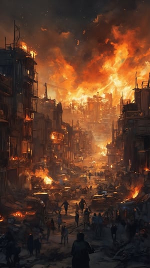 Apocalyptic Armageddon: A dramatic shot of a cityscape in ruins, with towering flames engulfing the skyline as panicked civilians flee for their lives. Burning buildings and charred vehicles litter the streets, amidst the chaos and devastation. In the foreground, people run wildly, some carrying small children or dragging belongings, while others stumble amidst the rubble. The intense orange glow of the inferno illuminates the darkened atmosphere, casting long shadows across the desolate landscape.