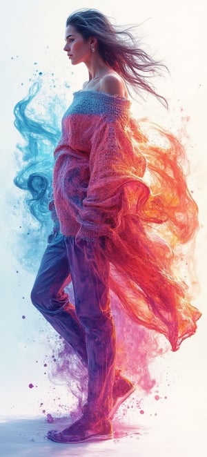 A stunning illustration of a young alluringly beauty woman standing gracefully, wearing an oversized sweater with one shoulder exposed, rendered in the bold, textured brushstrokes of Leonid Afremov combined with the fluidity of ink washing. The sweater is painted vibrant colors, cyan, purples, coral and oranges, sweeping fabric is caught in the wind, swirling around her in expressive, high contrast, thick strokes of paint. The flowing material dances through the air, creating a sense of dynamic motion and energy. The vibrant ink brings a subtle, ethereal quality to the swirling fabric, blending into soft, flowing gradients.The background is minimal, allowing the vibrant sweater and soft ink washes to stand out, as the combination of the great artist Afremov’s energetic style.