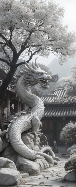 monochrome, greyscale, tree, no humans, dragon, chinese text, architecture, east asian architecture, eastern dragon