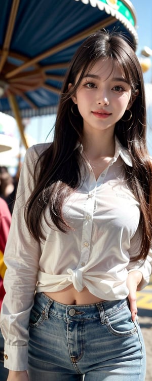 background is amusement park,
18 yo, 1 girl, beautiful korean girl,
wearing white collared long sleeve shirts,short jeans, smile,ride a merry-go-round, solo, {beautiful and detailed eyes}, dark eyes, calm expression, delicate facial features, ((model pose)), Glamor body type, (dark hair:1.2), simple tiny earrings, very_long_hair, hair past hip, bang, straight hair, flim grain, realhands, masterpiece, Best Quality, 16k, photorealistic, ultra-detailed, finely detailed, high resolution, perfect dynamic composition, beautiful detailed eyes, eye smile, ((nervous and embarrassed)), sharp-focus, full_body, cowboy_shot,