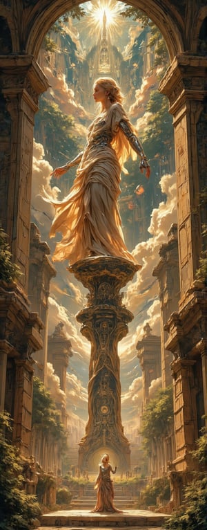 detailed illustration, illustration by Serpieri,score_9, score_7_up, (Comic book style
A breathtaking and dynamic scene inspired by classical works of art, featuring a cybernetic girl standing in the center of a vast, otherworldly landscape. The composition takes inspiration from masterpieces like, The Birth of Venus, by Botticelli, blending graceful classical beauty with cutting-edge futuristic design.
The girl stands on a slightly elevated platform, bathed in golden sunlight, her posture elegant and commanding. Her body is framed in a dramatic, flowing pose, with one arm raised gracefully and her head tilted upward, gazing toward the heavens. Her dress is reminiscent of Renaissance-era gowns, but with a futuristic twist, it's made of soft, flowing fabric interwoven with shimmering, high-tech materials that catch the light, fluttering in the wind like delicate silks. The soft, natural folds of the fabric contrast with the metallic, cybernetic components of her body, which glint in the sunlight.
The left side of her face and body remains flawlessly human, her skin radiant and her expression serene, as if she's caught in a divine moment of calm. The right side reveals her intricate cybernetic components, her arm, torso, and face are exposed as mechanical marvels, with polished titanium plates and glowing circuits visible beneath the surface. Her cybernetic arm extends outward in an almost angelic gesture, the metal fingers delicately posed as if reaching out for something beyond the physical world.
Around her, the background unfolds in a vibrant, dreamlike landscape inspired by works like ,The Garden of Earthly Delights, by Hieronymus Bosch. The sky is an otherworldly mixture of soft, radiant pastels and deep, moody clouds that swirl in a celestial dance. Giant trees with glowing leaves tower above her, their branches reaching out like ethereal sculptures, framing the scene with their luminescence. The ground beneath her feet is a mix of ancient, cracked marble and patches of high-tech, glowing circuitry that run through the earth like veins.
To her side, angelic figures float in the sky, resembling classical cherubs but with their own subtle, cybernetic enhancements. Their wings are not made of feathers but of holographic light, shimmering as they move. Some of them carry futuristic musical instruments, their glowing strings vibrating with ethereal melodies, adding a sense of movement and grace to the scene.
In the distance, the faint outline of a grand, futuristic city can be seen, its towering spires blending both Renaissance architecture and sleek, futuristic skyscrapers, connected by glowing bridges suspended in the air. The city is bathed in a divine glow, as if it were the perfect fusion of the old world and the future, just as the girl is.
The lighting in the scene is inspired by the classical use of chiaroscuro, strong contrasts between light and shadow highlight the duality of her nature. Golden light pours in from the left, illuminating her human side, while cooler, mechanical light from the right casts delicate highlights on her cybernetic half, emphasizing the beauty in both her organic and robotic forms.
Her expression is serene yet powerful, as though she is both a goddess of beauty and a figure from a distant, technological future. She stands as a perfect fusion of classical art and futuristic technology, the epitome of grace and strength, set against a vast, dynamic landscape that merges ancient artistry with futuristic wonder.
Her expression is neutral but intense, capturing both her human beauty and her robotic precision, as if she exists in both worlds simultaneously, a perfect fusion of organic life and high-tech machinery.