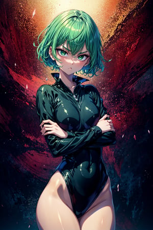 TatsumakiOPM, Green eyes, green hair, short hair, Beautiful, elegant, cowboy shot, crossed arm, pout expression, black tight clothes, long sleeves, random background, (masterpiece:1.3), (vibrant:1.2), best quality, cinematic