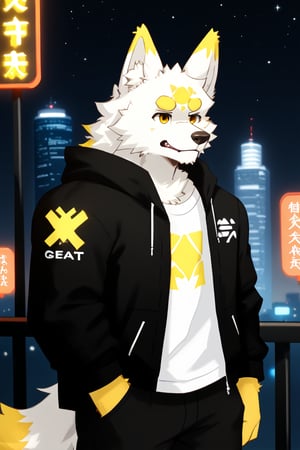 furry, boy ,Goldenwish ,wolf ,best quality ,masterpiece ,standing ,golden eyes,night,write fur ,cityspace,neon,write shirt,black jacket