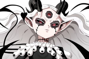 score_9, score_8_up, score_7, BREAK,
1girl, Megicula, colored sclera, black sclera, red eyes, slit pupil,  monster girl, long hair, white hair, floating hair, devil girl, pointy ears, 4 devil horns, horns, facial markings, facial marks, 3rd eyes, third eye, white eyelids, sharp teeth, grey skin, white skin, black horns, devil tail, demon tail, wings, multiple eyes , short devil female, 2 arms, Loli devil, solo,   

, 

, ((white background, blank background)):1.3   
