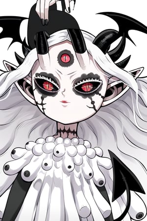 score_9, score_8_up, score_7, BREAK,
1girl, Megicula, colored sclera, black sclera, red eyes, slit pupil,  monster girl, long hair, white hair, floating hair, devil girl, pointy ears, 4 devil horns, horns, facial markings, facial marks, 3rd eyes, third eye, white eyelids, sharp teeth, grey skin, white skin, black horns, devil tail, demon tail, wings, multiple eyes , short devil female, 2 arms, Loli devil, solo,   

, 

, ((white background, blank background)):1.3   
