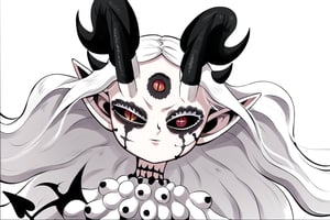 score_9, score_8_up, score_7, BREAK,
1girl, Megicula, colored sclera, black sclera, red eyes, slit pupil,  monster girl, long hair, white hair, floating hair, devil girl, pointy ears, 4 devil horns, horns, facial markings, facial marks, 3rd eyes, third eye, white eyelids, sharp teeth, grey skin, white skin, black horns, devil tail, demon tail, wings, multiple eyes , short devil female, 2 arms, Loli devil, solo,   

, 

, ((white background, blank background)):1.3   
